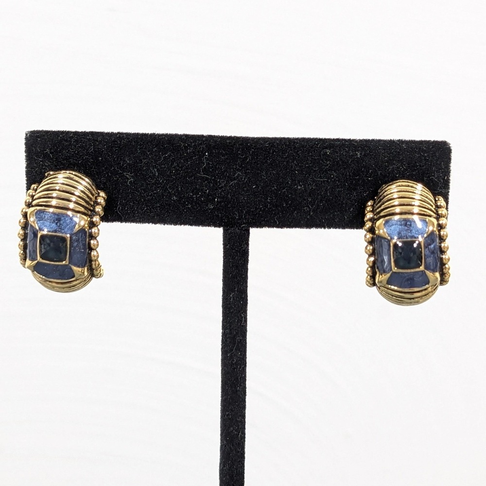 Gold Tone Ribbed Hoop Earrings Blue Enamel Green Cab Huggie Classic
